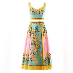 Dolce Gabbana Style Positano Lemon Dress Set Crop Top and Skirt Medium 4-6